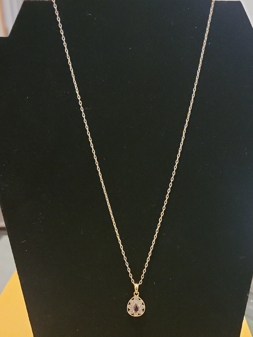Delicate Gold Teardrop Pendant PAJ Necklace with Purple Stone
